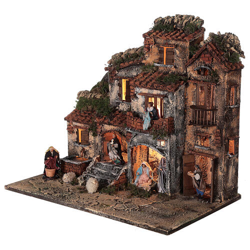 Complete Neapolitan Nativity Scene red bricks sheeps lights and fountain 45x50x30 cm for figurines of 8 cm average height 3