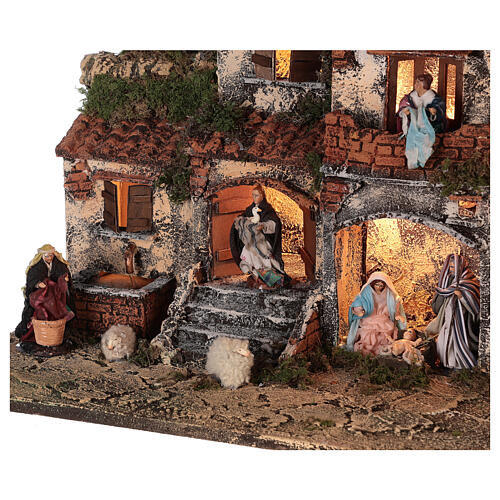 Complete Neapolitan Nativity Scene red bricks sheeps lights and fountain 45x50x30 cm for figurines of 8 cm average height 4