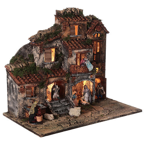 Complete Neapolitan Nativity Scene red bricks sheeps lights and fountain 45x50x30 cm for figurines of 8 cm average height 5