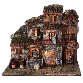 Complete Neapolitan Nativity Scene red bricks sheeps lights and fountain 45x50x30 cm for figurines of 8 cm average height