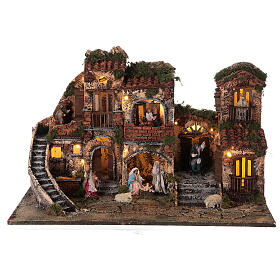 Complete Neapolitan Nativity Scene with lights fountain and balconies 40x60x35 cm for figurines of 8 cm average height