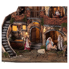 Complete Neapolitan Nativity Scene with lights fountain and balconies 40x60x35 cm for figurines of 8 cm average height