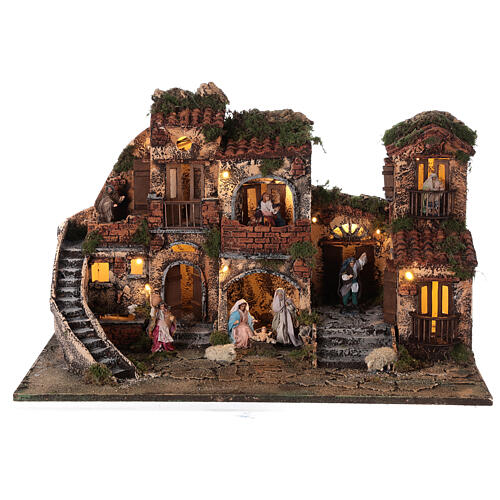 Complete Neapolitan Nativity Scene with lights fountain and balconies 40x60x35 cm for figurines of 8 cm average height 1
