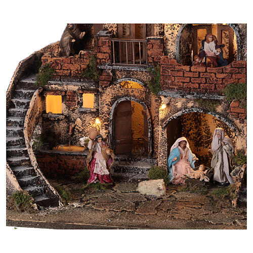 Complete Neapolitan Nativity Scene with lights fountain and balconies 40x60x35 cm for figurines of 8 cm average height 2
