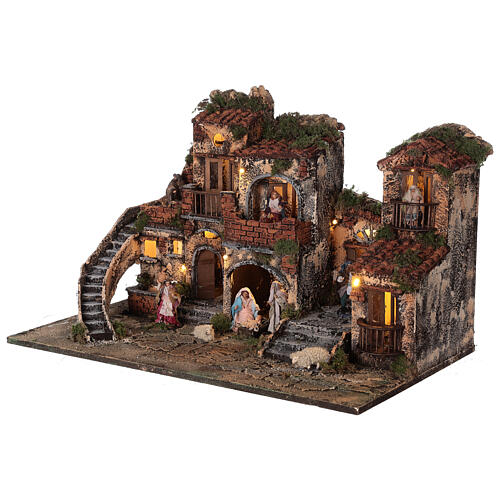 Complete Neapolitan Nativity Scene with lights fountain and balconies 40x60x35 cm for figurines of 8 cm average height 3