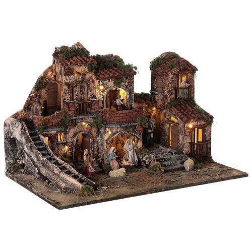Complete Neapolitan Nativity Scene with lights fountain and balconies 40x60x35 cm for figurines of 8 cm average height 5