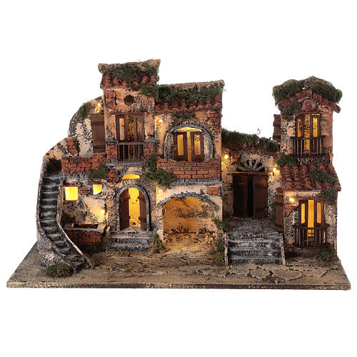 Complete Neapolitan Nativity Scene with lights fountain and balconies 40x60x35 cm for figurines of 8 cm average height 6
