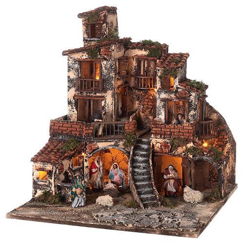 Pueblo belén napolitano tres pisos luces fuente 45x45x45 estatuas 8 cm 3
