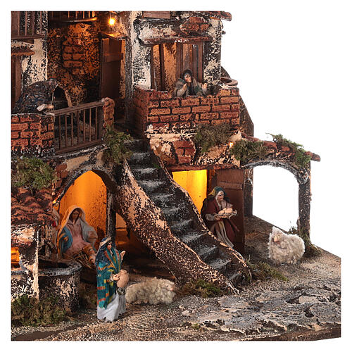 Pueblo belén napolitano tres pisos luces fuente 45x45x45 estatuas 8 cm 4