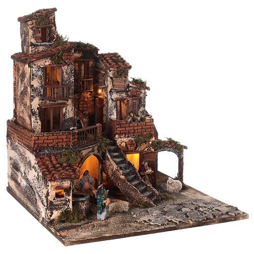 Pueblo belén napolitano tres pisos luces fuente 45x45x45 estatuas 8 cm 5