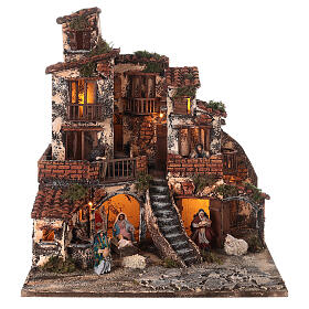 Borgo presepe napoletano tre piani luci fontana 45x45x45 statue 8 cm