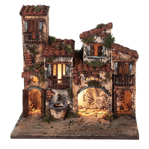 Complete setting for Neapolitan Nativity Scene lights and fountain 30x35x25 cm for figurines of 6 cm average height 6