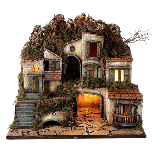 Village with square between the rocks lights 50x30x40 cm Neapolitan Nativity Scene for figurines of 10-12 cm average height 1
