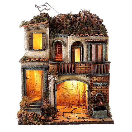 Building with balconies and fountain, illuminated Neapolitan Nativity setting for 10-12 cm characters, 50x40x30 cm 1