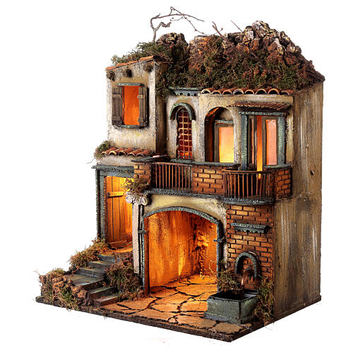 Building with balconies and fountain, illuminated Neapolitan Nativity setting for 10-12 cm characters, 50x40x30 cm 3