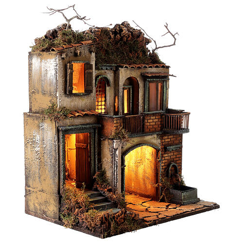 Building with balconies and fountain, illuminated Neapolitan Nativity setting for 10-12 cm characters, 50x40x30 cm 4
