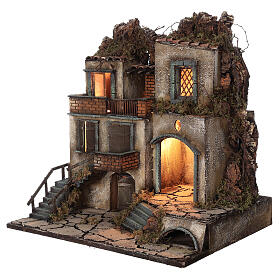 Szopka neapolitańska, oświetlone miasteczko, 50x50x40cm,  dla figurki 8-10 cm