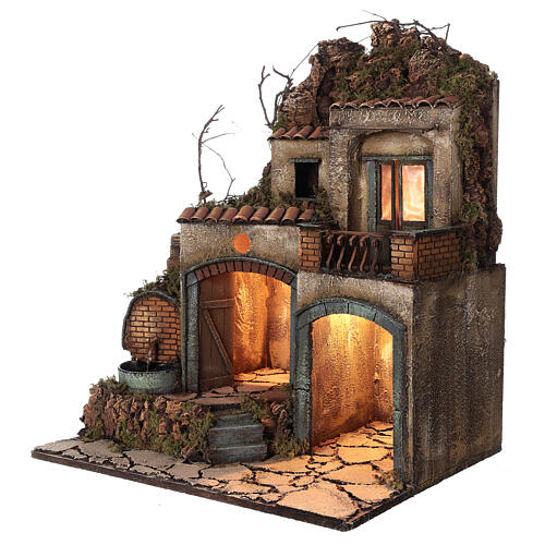 Neapolitan Nativity Scene village illuminated porches fountain 60x50x40 cm for figurines of 10-12 cm average height 3