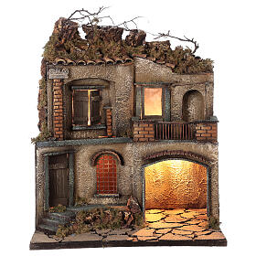 Cenário para presépio napolitano casa com estábulo e varanda para figuras altura média 10 cm, medidas: 50x40x30 cm