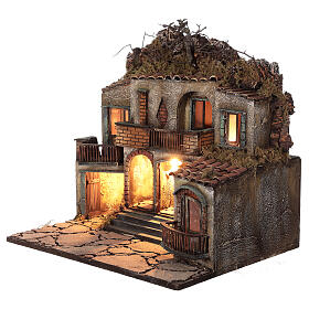 Krippenszenerie, 3 Häuser, mit Beleuchtung, für 10-12 cm Krippe, 50x50x40 cm