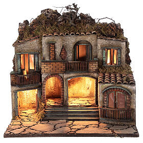 Iluminated village three houses 50x50x40 cm Neapolitan Nativity Scene for figurines of 10-12 cm average height