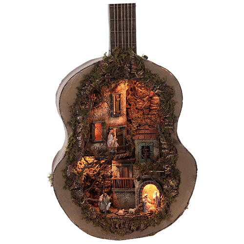 Neapolitan Nativity Scene in an iluminated guitare 125x50x20 cm for figurines of 6 cm average height 3