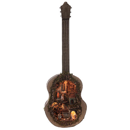 Presépio em guitarra completo Nápoles iluminado, figuras altura média 6 cm, medidas: 125x50x18 cm 1