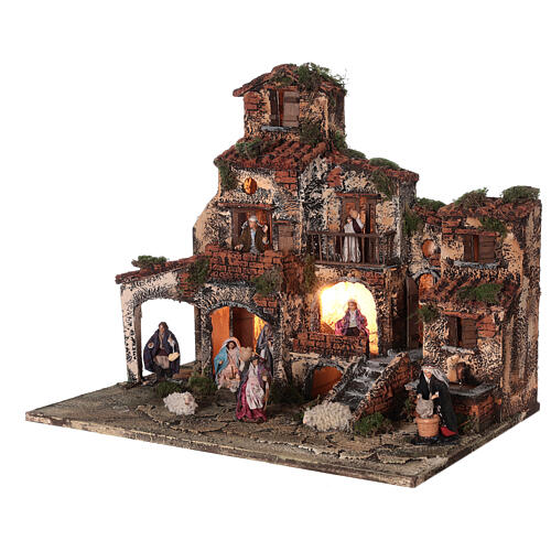 Complete Neapolitan Nativity Scene village fountain and lights 45x50x35 cm 3