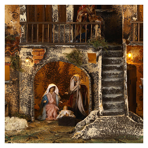 Complete Neapolitan Nativity Scene village stairs fountain oven lights and figurines 40x50x30 cm 2