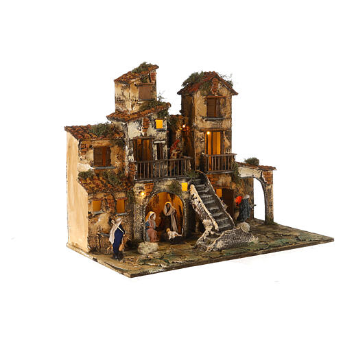 Complete Neapolitan Nativity Scene village stairs fountain oven lights and figurines 40x50x30 cm 5