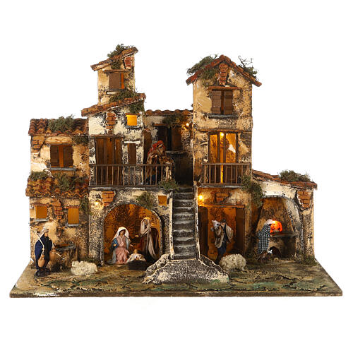 Complete Neapolitan Nativity Scene village stairs fountain oven lights and figurines 40x50x30 cm 1