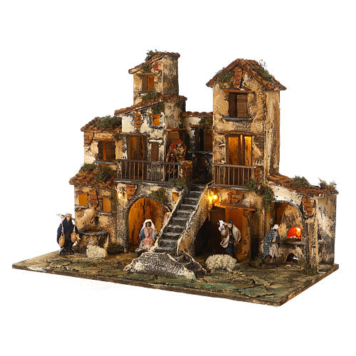 Complete Neapolitan Nativity Scene village stairs fountain oven lights and figurines 40x50x30 cm 3