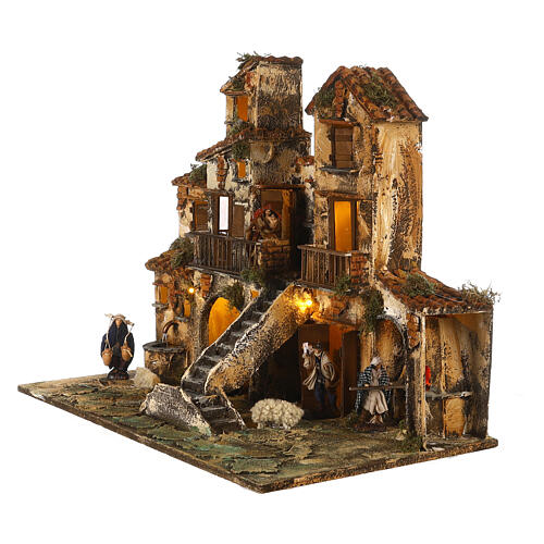 Complete Neapolitan Nativity Scene village stairs fountain oven lights and figurines 40x50x30 cm 4