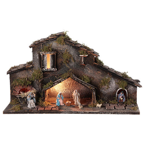 Stable Holy Family and shepherds for Neapolitan Nativity Scene with figurines of 6 cm high lights 25x50x20 cm 1