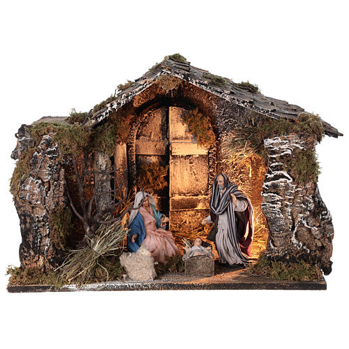 Lighted stable with Neapolitan nativity statues 14 cm terracotta 30x40x30 cm 1
