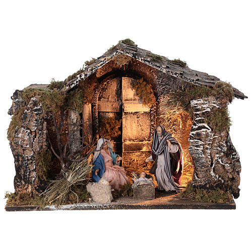 Cabaña Natividad iluminada estatuas terracota 14 cm belén napolitano 30x40x30 cm 1