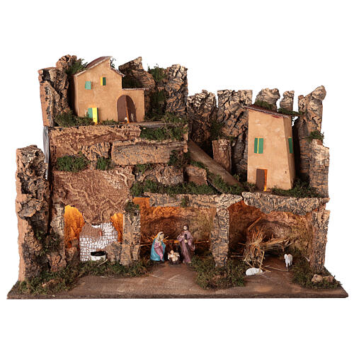 Cenário presépio aldeia iluminada figuras Natividade altura média 10 cm, medidas: 50x80x40 cm 1