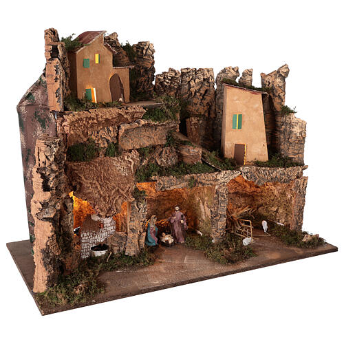 Cenário presépio aldeia iluminada figuras Natividade altura média 10 cm, medidas: 50x80x40 cm 5