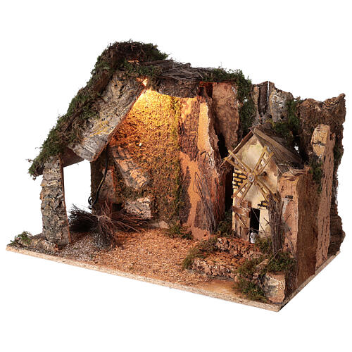 Lighted corner stable with windmill, 10 cm nativity 40x60x35 cm 3