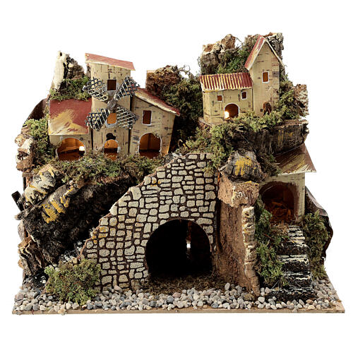 Wioska z wiatrakiem i schodami, 20x15x30 cm, szopka 8 cm 1