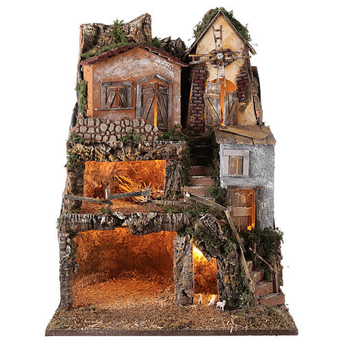 Village with Nativity stable and windmill 70x55x50 cm for Nativity Scene with 10 cm characters MOD. D 1