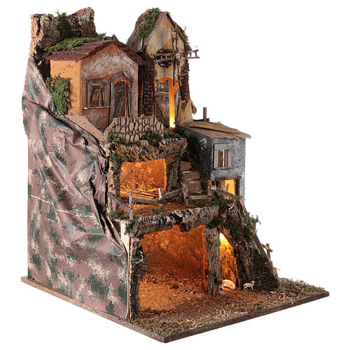 Village with Nativity stable and windmill 70x55x50 cm for Nativity Scene with 10 cm characters MOD. D 4