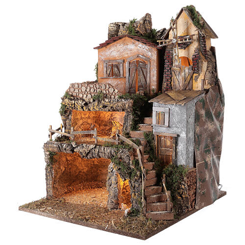 Aldeia com cabana e moinho de vento 70x55x50 cm para presépio com figuras de 10 cm MOD. D 3