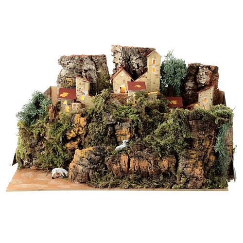 Aldeia em miniatura entre rochas com ovelhas para presépio de Natal figuras altura média 4-6 cm, medidas: 25x35x20 cm 1