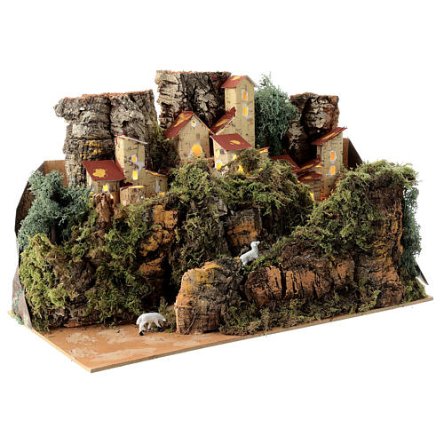 Aldeia em miniatura entre rochas com ovelhas para presépio de Natal figuras altura média 4-6 cm, medidas: 25x35x20 cm 4