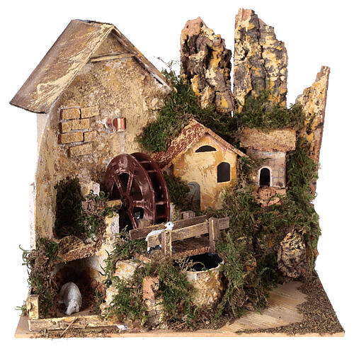 Watermill with sheeps and hamlet for Nativity Scene with 6 cm characters 25x25x20 cm 1