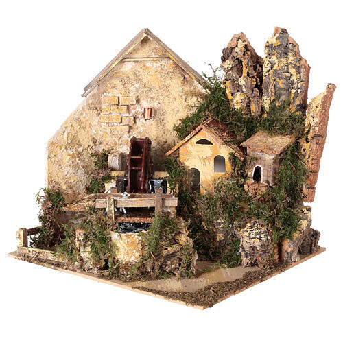 Cenário moinho de água, ovelhas e aldeia para presépio com figuras de altura média 6 cm; medidas: 23x24x21 cm 3