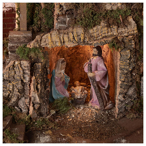 Aldeia com cabana Natividade de Jesus, casas e montanha para presépio figuras altura média 10 cm; medidas: 38x45x30 cm 2