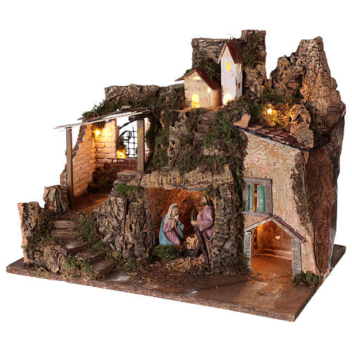 Aldeia com cabana Natividade de Jesus, casas e montanha para presépio figuras altura média 10 cm; medidas: 38x45x30 cm 3