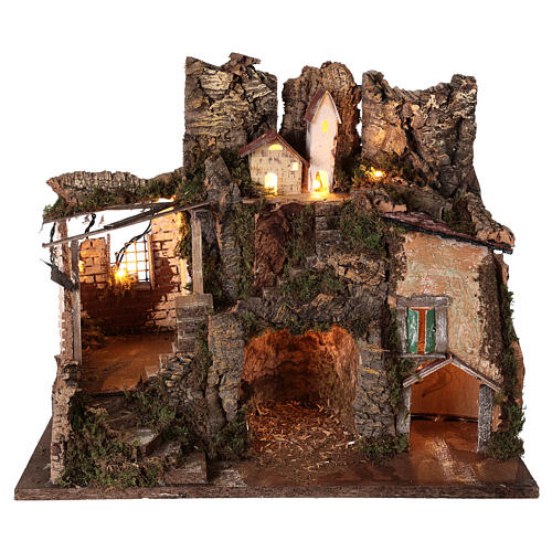 Aldeia com cabana Natividade de Jesus, casas e montanha para presépio figuras altura média 10 cm; medidas: 38x45x30 cm 6